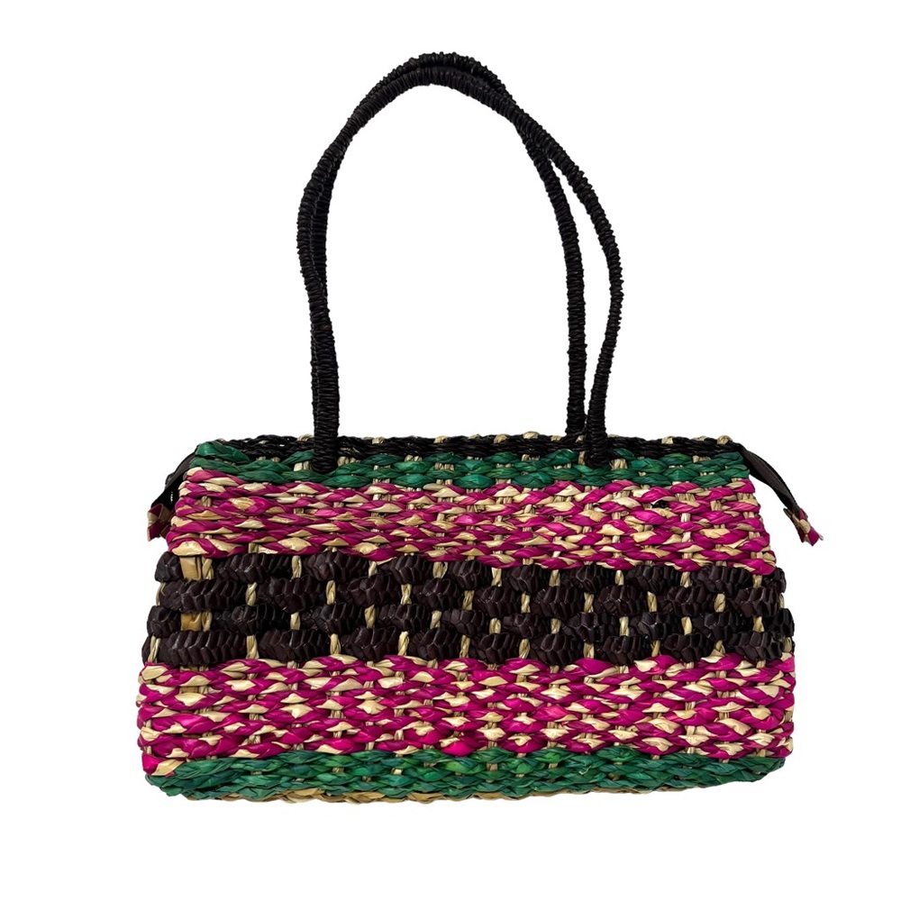 Faux Straw Yellow Brown Green Purple Two Handle Zip Front Hand Held Purse Bag